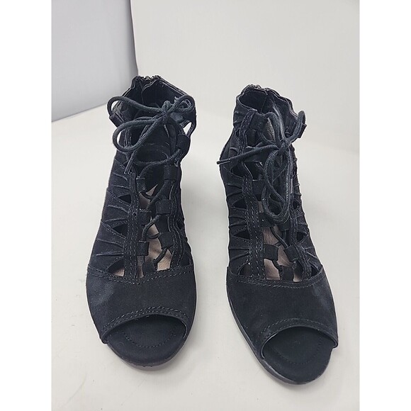 Earth Women's Aurora Size 8.5 B Black Sandals Block Heel Front Tie Back Zipper - Picture 4 of 16